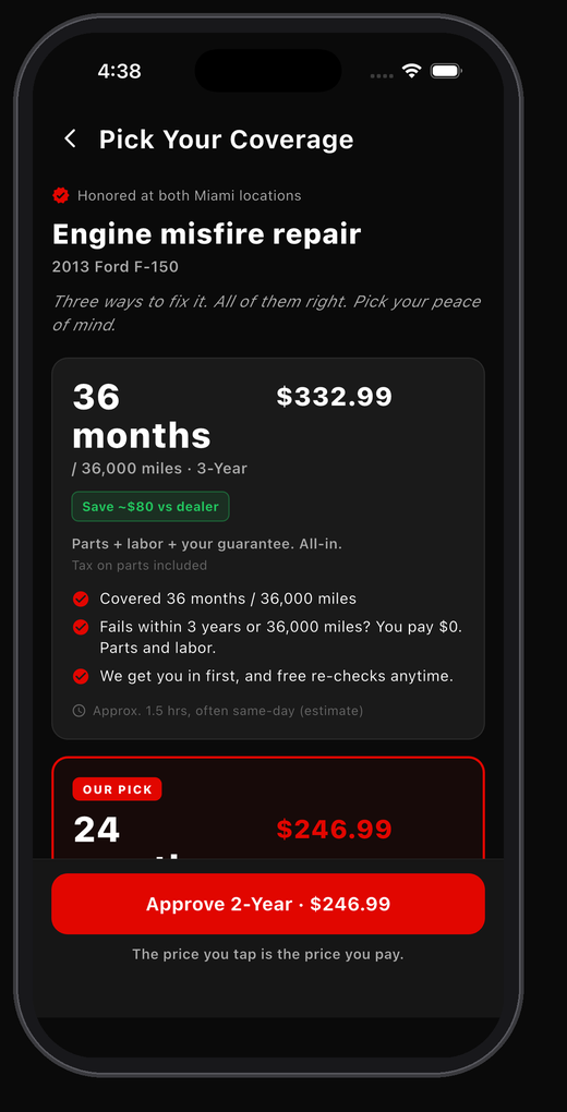 Parts ordering screen in the Pista app